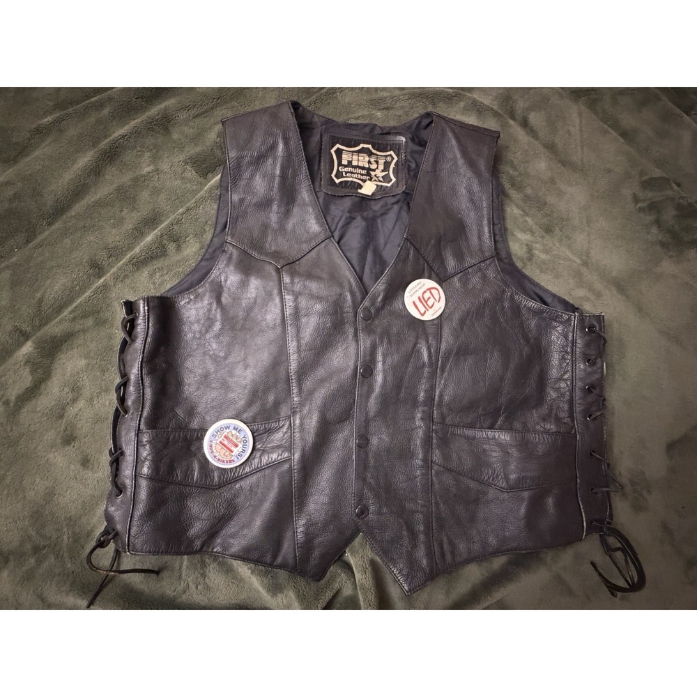 FIRST Genuine Leather Black Motorcycle Biker Vest Mens Size 48 Lace Sides